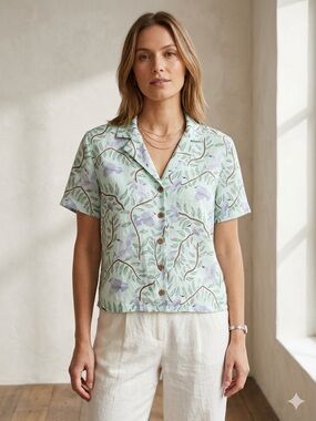 Indie Y2K Cynthia Rowley 100% linen short sleeve bird casual button up